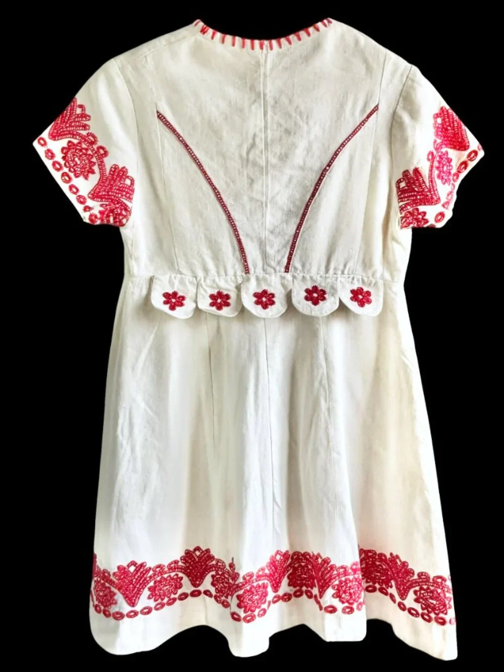Vintage White Linen Handmade Embroidered Hungarian Folk Style Dress